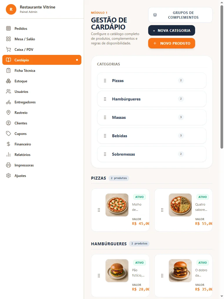 Gestão de cardápio no tablet, com o menu lateral do sistema e os produtos com foto.