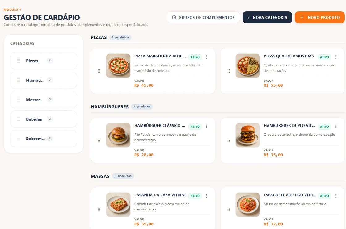 Gestão de cardápio do SysComanda com as categorias à esquerda e os produtos com foto, descrição, situação e preço.